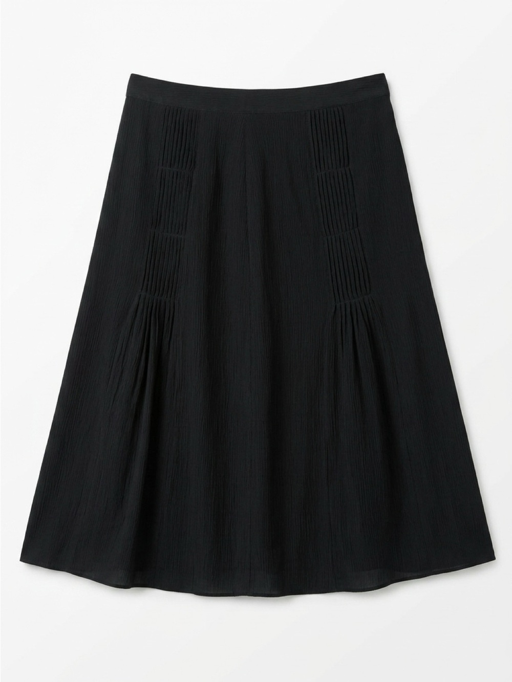 i.e. Black 100% Silk Pleated Midi Skirt Size 16 Pintuck A-Line Crinkle